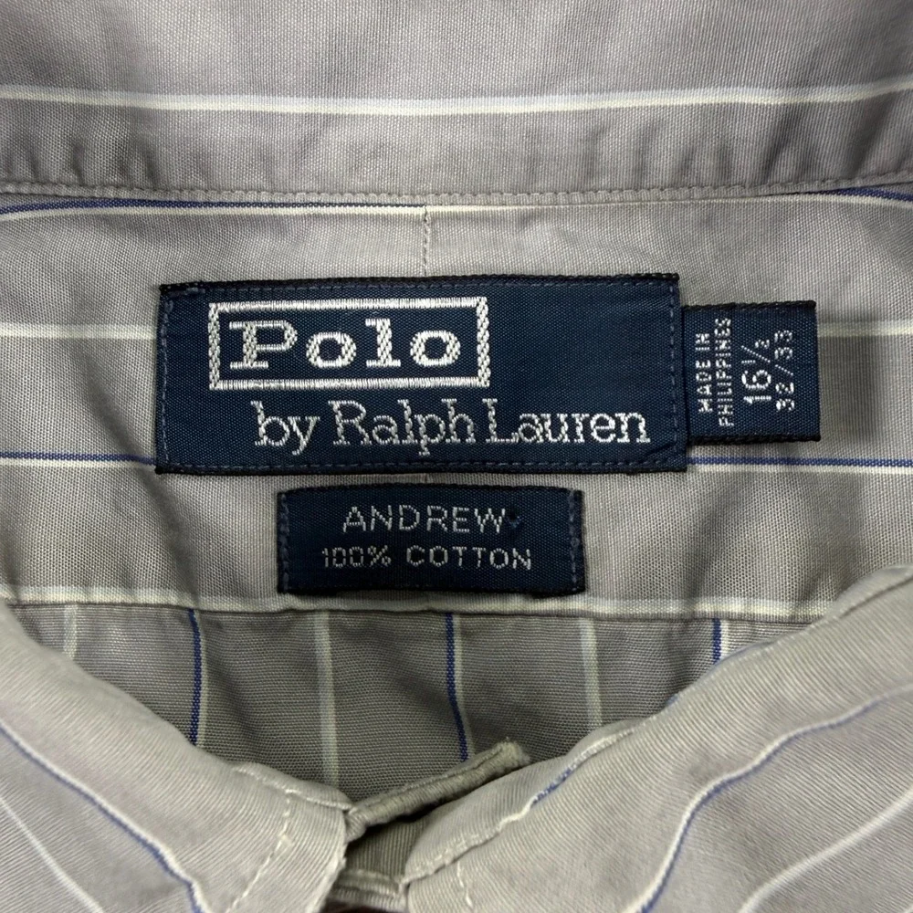 Polo Ralph Lauren Andrew Shirt Mens 16.5 32/33 Grey Blue Striped Vintage Cotton